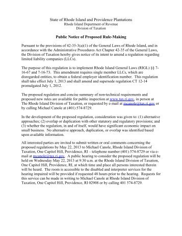 State of Rhode Island and Providence Plantations Public Notice of ...