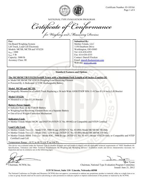 Certificate Number 03 105a6 Page 1 Of 4 1135 M Mettler Toledo