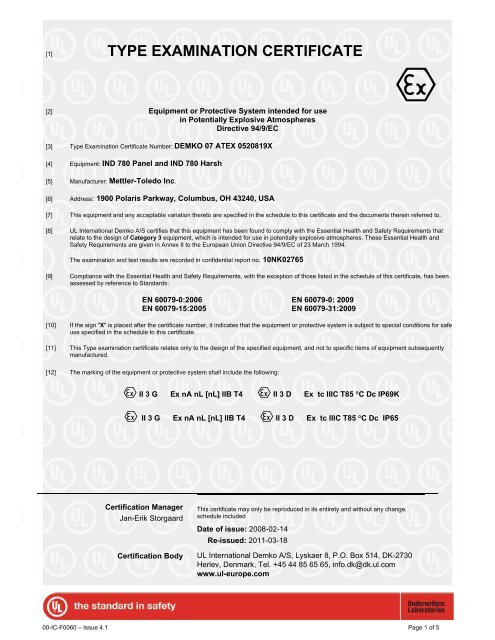 TYPE EXAMINATION CERTIFICATE - Mettler Toledo