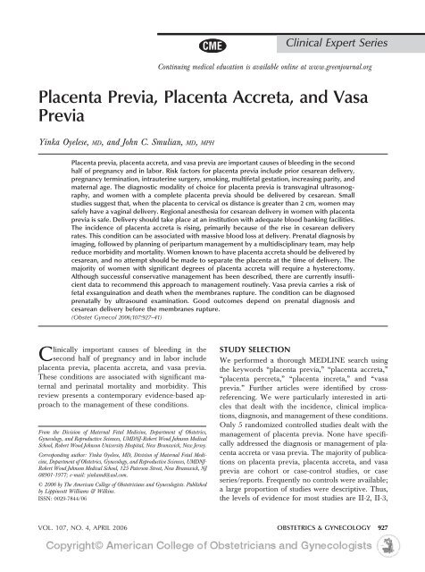 Placenta Previa, Placenta Accreta, and Vasa Previa