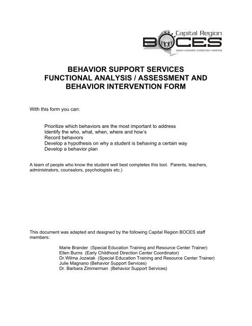Functional Analysis Assessment/Behavior Intervention (PDF)