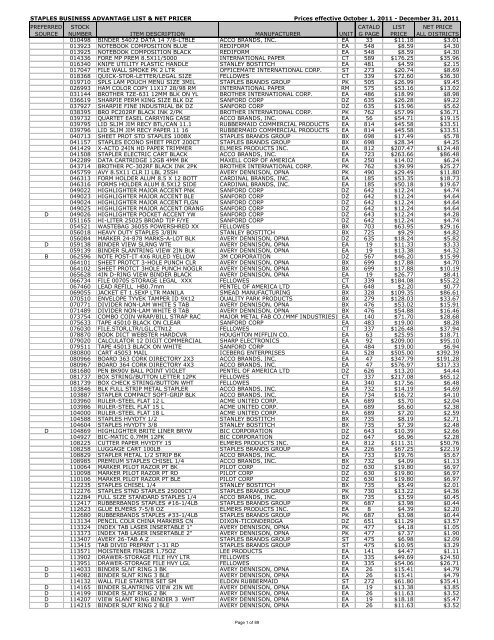 STAPLES BUSINESS ADVANTAGE LIST & NET PRICER Prices