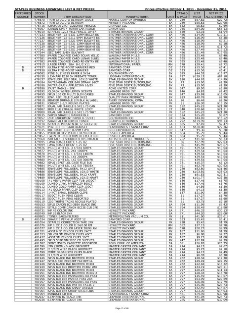 STAPLES BUSINESS ADVANTAGE LIST & NET PRICER Prices ...