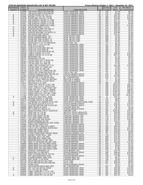 STAPLES BUSINESS ADVANTAGE LIST & NET PRICER Prices ...