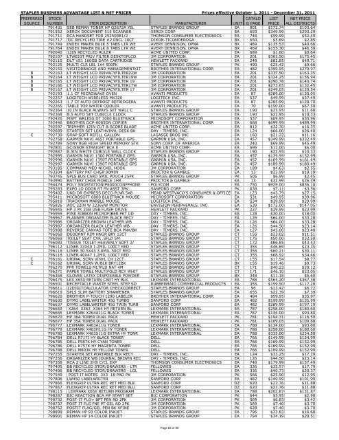 STAPLES BUSINESS ADVANTAGE LIST & NET PRICER Prices ...