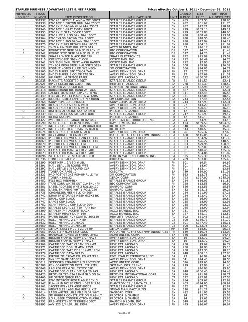 STAPLES BUSINESS ADVANTAGE LIST & NET PRICER Prices ...