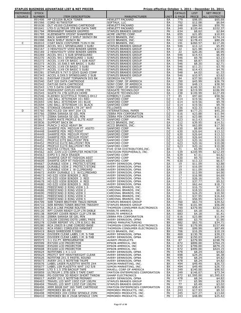 STAPLES BUSINESS ADVANTAGE LIST & NET PRICER Prices ...