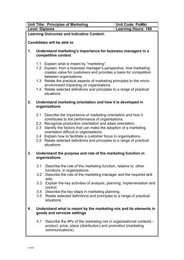 Unit Title: Principles of Marketing Unit Code: PoMkt Level: Diploma ...