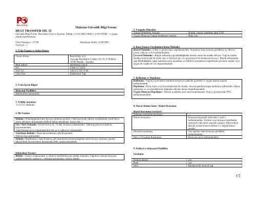 Malzeme GÃ¼venlik Bilgi Formu HEAT TRANSFER OIL 32 - Petrol Ofisi