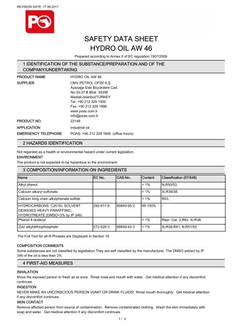 SAFETY DATA SHEET HYDRO OIL AW 46 - Petrol Ofisi