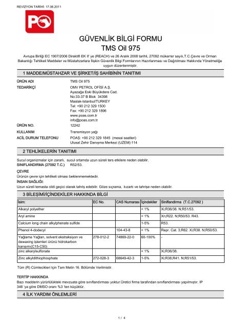 GÃVENLÄ°K BÄ°LGÄ° FORMU TMS Oil 975 - Petrol Ofisi