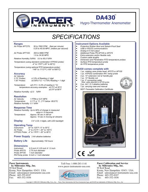 Hygro-Thermometer Anemometer - Pacer Instruments