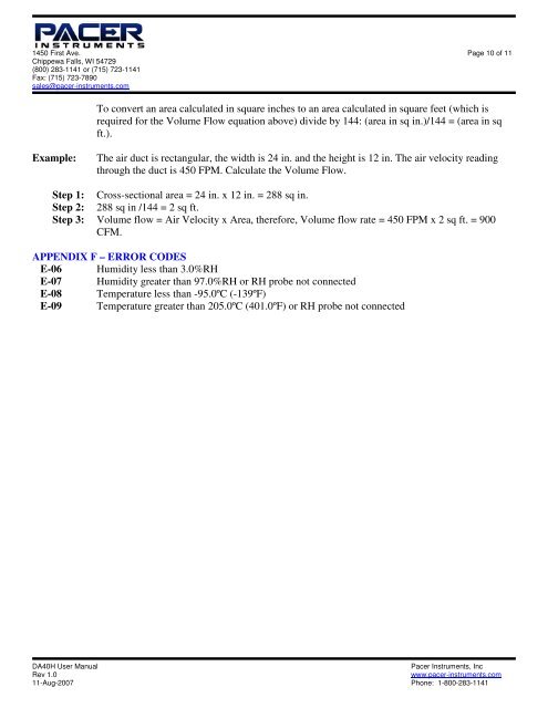 Model DA40H User Manual - Pacer Instruments