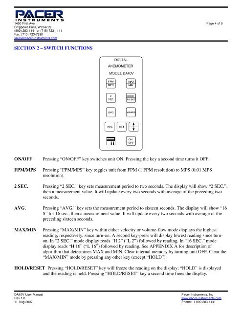 Model DA40V User Manual - Pacer Instruments