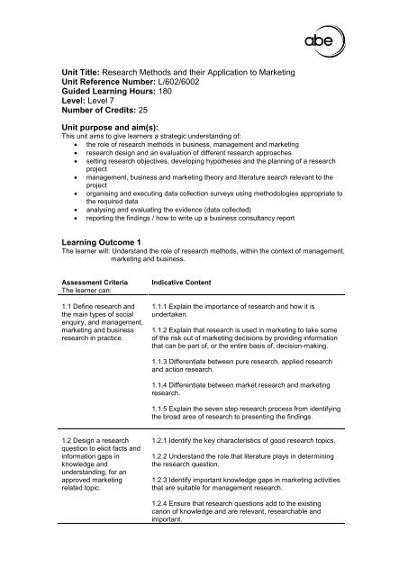 Unit Title: Research Methods and their Application to Marketing