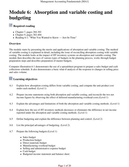 Management Accounting Fundamentals [MA1]: Module 6 ... - PD Net