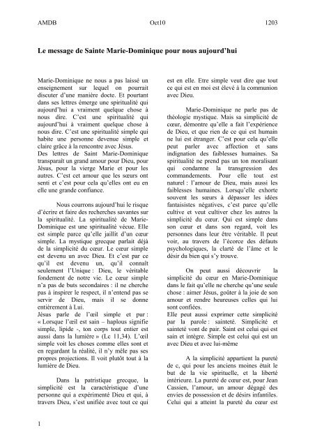 Le message de Sainte Marie-Dominique pour nous aujourd'hui