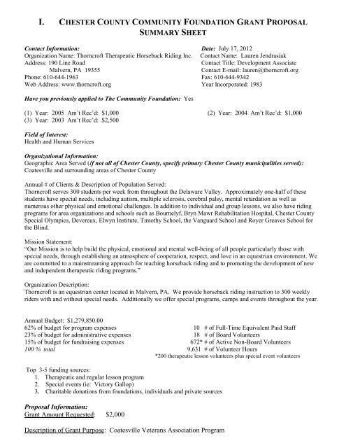 chester county community foundation grant proposal summary sheet