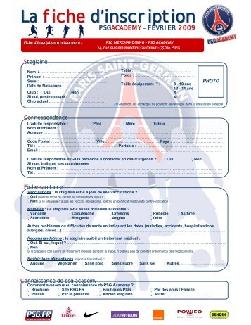 La fiche d'inscription - PSG