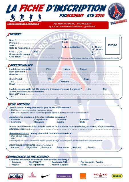 La fiche d'inscription - PSG