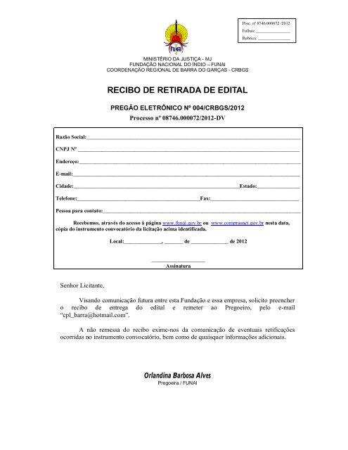 RECIBO DE RETIRADA DE EDITAL - Funai