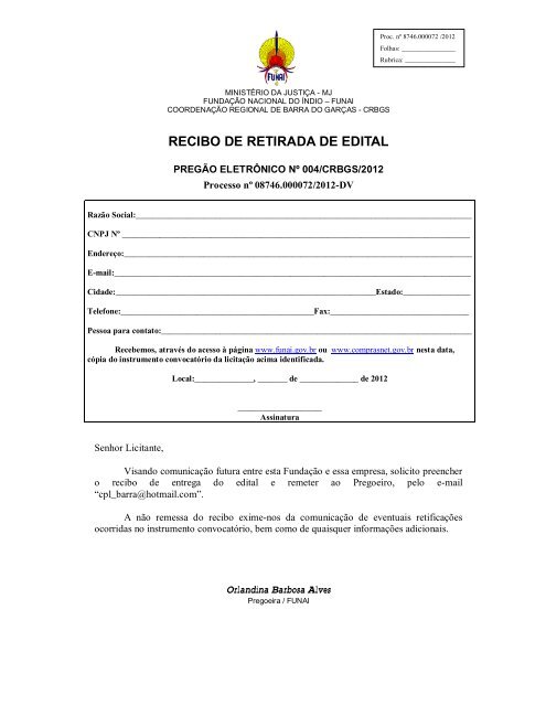 RECIBO DE RETIRADA DE EDITAL - Funai