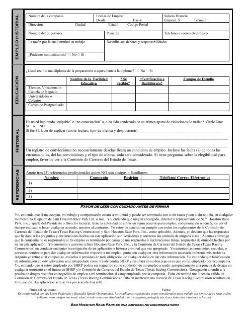 EMPLOYMENT APPLICATION - Sam Houston Race Park