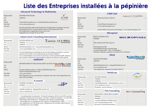 Liste des Entreprises installées à la pépinière - Ministère des ...