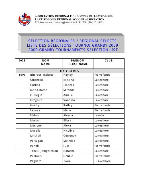 sÃ©lection rÃ©gionales / regional selects liste des ... - ARS Lac St-Louis