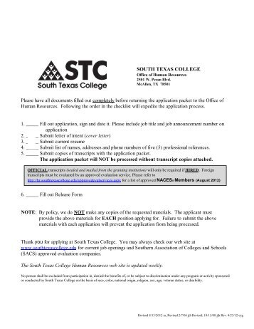 STC Faculty Application - Office of Human Resources - South Texas ...