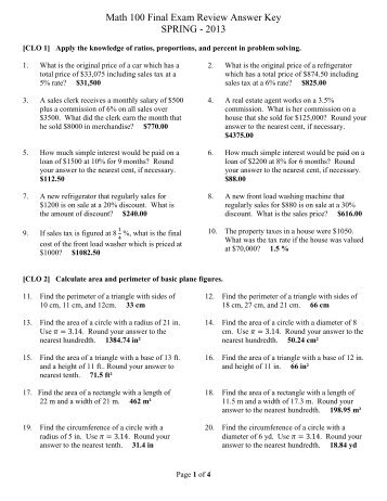 Math 100 Final Exam Review Answer Key SPRING - 2013