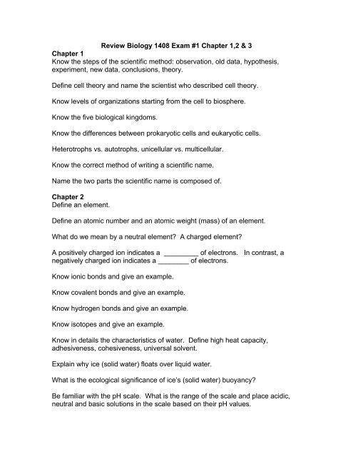 Review Biology 1408 Exam #1 Chapter 1,2 & 3 - South Texas College