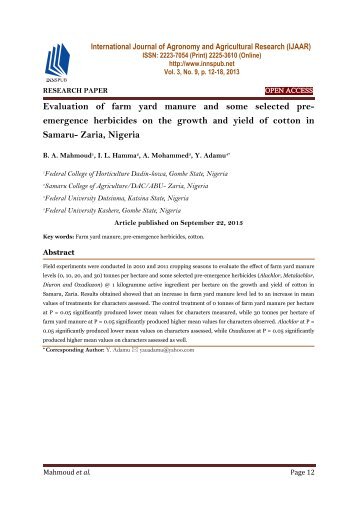 Evaluation of farm yard manure and some selected preemergence herbicides on the growth and yield of cotton in Samaru- Zaria, Nigeria