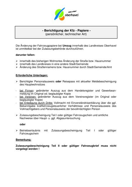 Berichtigung der Kfz - Papiere - Landkreis Oberhavel