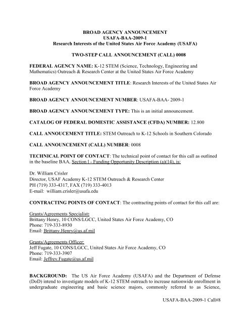 USAFA-BAA-2009-1 Call#8 BROAD AGENCY ... - Grants.gov