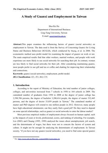 A Study of Guanxi and Employment in Taiwan