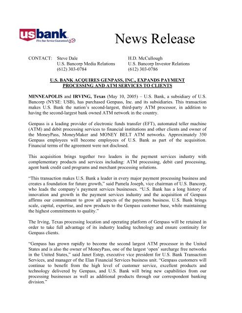 News Release - US Bank