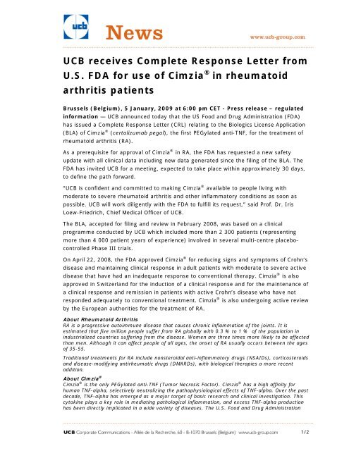 Ucb Receives Complete Response Letter From U S Fda For Use Of Ucb Receives Complete Response Letter From U S Fda For Use Of
