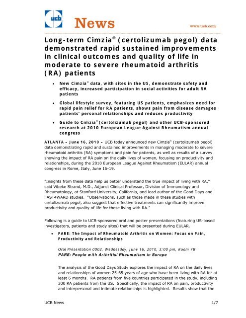 Long-term CimziaÂ® (certolizumab pegol) data demonstrated ... - UCB