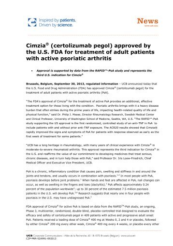 CimziaÂ® (certolizumab pegol) approved by the U.S. FDA for ... - UCB