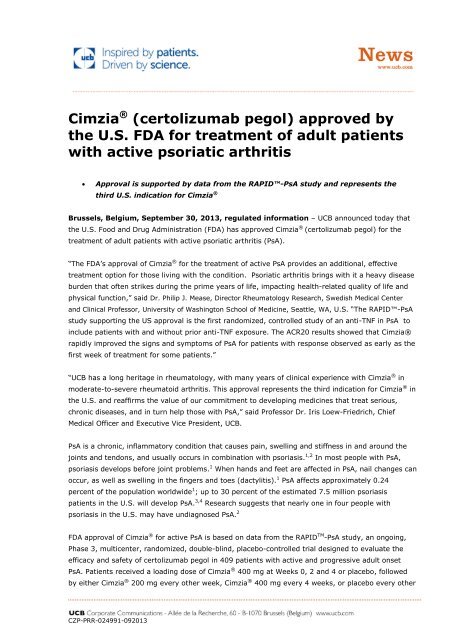 CimziaÂ® (certolizumab pegol) approved by the U.S. FDA for ... - UCB