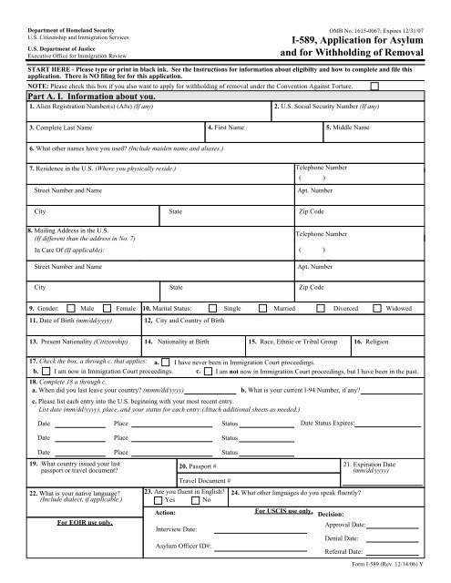 I-589, Application for Asylum and for Withholding of Removal - PARDS