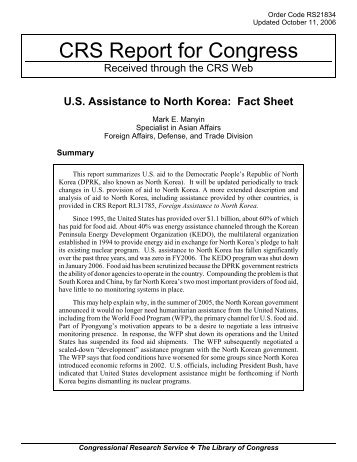 U.S. Assistance to North Korea: Fact Sheet - Foreign Press Centers