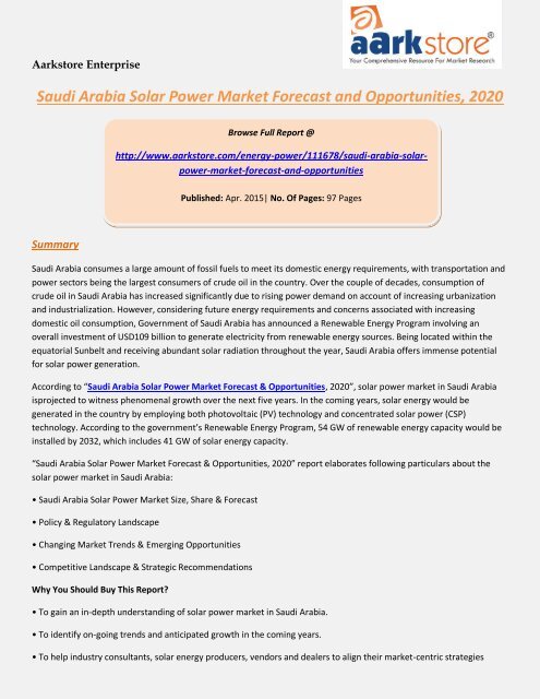 Aarkstore - Saudi Arabia Solar Power Market Forecast and Opportunities, 2020