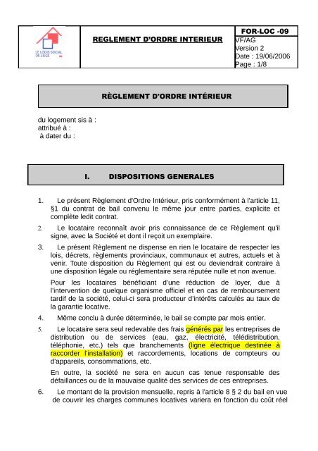 Règlement d'ordre intérieur - Le Logis Social de Liège