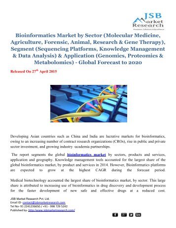 JSB Market Research: Bioinformatics Market by Sector, Segment& Application- Global Forecast to 2020