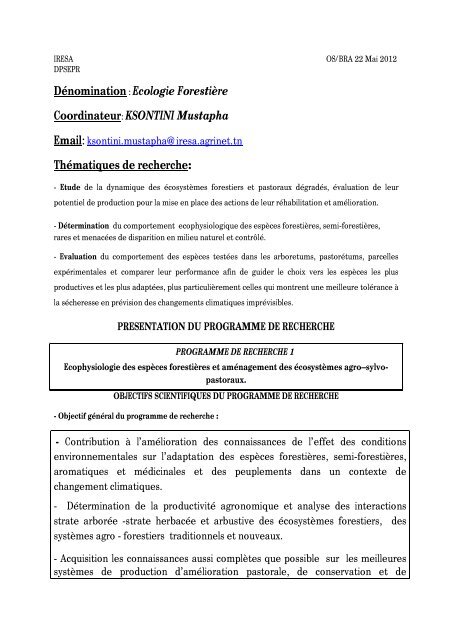 KSONTINI Mustapha ThÃ©matiques de recherche - Iresa