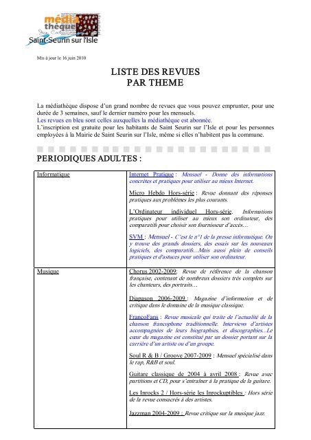 LISTE DES REVUES PAR THEME - Saint-Seurin-sur-l'Isle