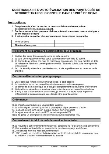 Questionnaire d'autoevaluation