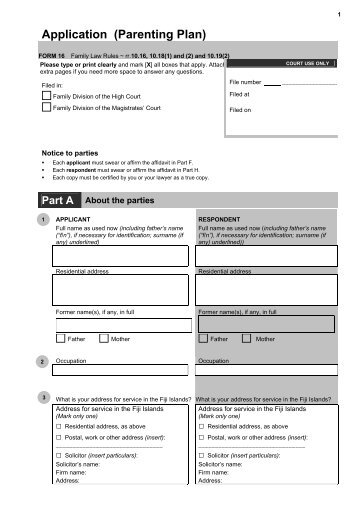 Form 16 Application (Parenting Plan) - Judiciary Fiji